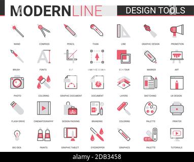 Art design tool flat sottile rosso nero linea icone vettoriale set di illustrazione, profilo professionale creativo studio oggetti collezione di designer pittogramma attrezzature di processo, forniture per la riparazione di interni Illustrazione Vettoriale