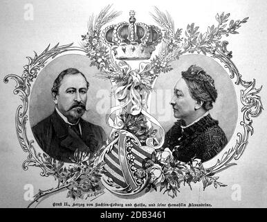 Ernst August Karl Johann Leopold Alexander Eduard, Duca di Sassonia-Coburg e Gotha, 21 giugno 1818 - 22 agosto 1893 e sua moglie Alexandrine di Baden, 6 dicembre 1820 - 20 dicembre 1904 / Ernst August Karl Johann Leopold Alexander Eduard, Herzog von Sachsen-Coburg und Gotha, 21. Giugno 1818 - 22. 1893 agosto und seine Gemahlin Alexandrine von Baden, 6. Dicembre 1820 - 20. Dezember 1904, Historisch, storico, digitale riproduzione migliorata di un originale del 19 ° secolo / digitale Reproduktion einer Originalvollage aus dem 19. Jahrhundert, Foto Stock