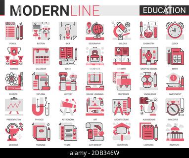 Formazione complesso concetto flat line icona insieme vettoriale con profilo infografica scuola, laboratorio o università, simboli educativi, attrezzature di laboratorio esperimento, libro scolastico e cancelleria Illustrazione Vettoriale