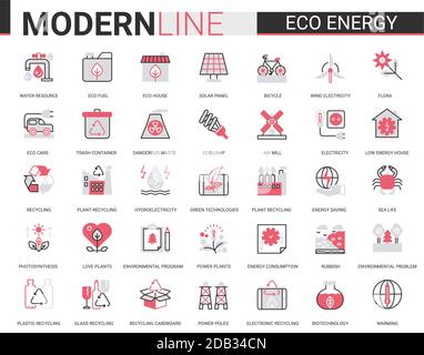 Set di illustrazioni vettoriali con icona a linea piatta Eco ENERGY. Red black sito web design raccolta di problemi di ecologia simboli lineari, protezione dell'ecosistema ambientale e tecnologia di riciclaggio dei rifiuti verdi Illustrazione Vettoriale