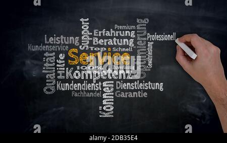 Service (in german Competence, consulting) Cloud is written by hand on blackboard. Stock Photo