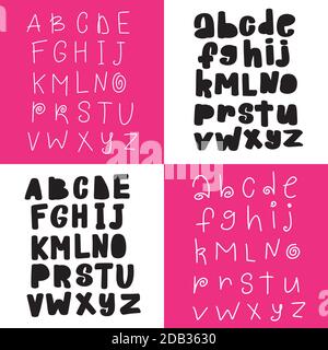 Insieme vettoriale di tre cartoni animati divertente differenza alfabeti inglesi. Illustrazione Vettoriale