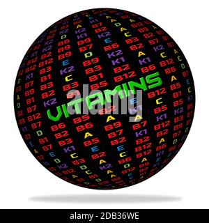 Simboli delle vitamine in ordine casuale - parola VITAMINA come titolo - segni in colori diversi - globo nero con ombra sul pavimento Foto Stock