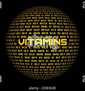 Simboli di vitamine in ordine casuale in forma di globo mondiale - parola VITAMINE come titolo - tutte le lettere in colore giallo Foto Stock