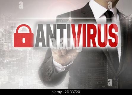 Antivirus is shown by businessman concept. Stock Photo