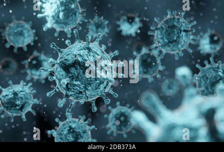 Virus corona 2019-ncov focolaio di influenza, visione microscopica delle cellule del virus influenzale fluttuante, concetto di rischio pandemico SARS, rappresentazione medica 3D Foto Stock