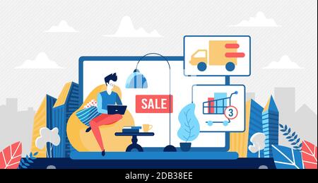 Acquista in negozio online, rimanere a casa concetto di illustrazione vettoriale. Cartoon piccolo cliente acquirente uomo personaggio seduto con laptop in poltrona casa e shopping, acquistare merci in negozio app sfondo Illustrazione Vettoriale