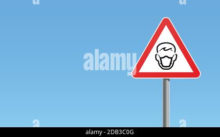 Protezione respiratoria maschera di attenzione e segnale di avvertenza con forma triangolare e cornice rossa. Illustrazione vettoriale con sfondo blu Illustrazione Vettoriale