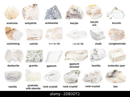 set di vari minerali bianchi non lucidati con nomi (prehnite, danburite, analcime, analcite, brucite, gesso, conglomerato, cacholong, anidrite, roccia Foto Stock