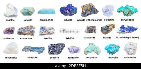 set di varie rocce blu non lucidate dai nomi (crisocolla, cordierite, apatite, turchese, tanzanite, lazulite, acquamarina, azurite, kyanite, sodal Foto Stock