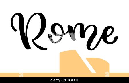 Scritta a mano Roma con una silhouette del Colosseo romano. Modello per scheda, poster, stampa. Illustrazione Vettoriale