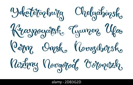 Scritta a mano città russa. Ekaterinburg, Chelyabinsk, Krasnoyarsk, Tyumen, Ufa, Perm Omsk Novosibirsk Nizhny Novgorod Voronezh Illustrazione Vettoriale