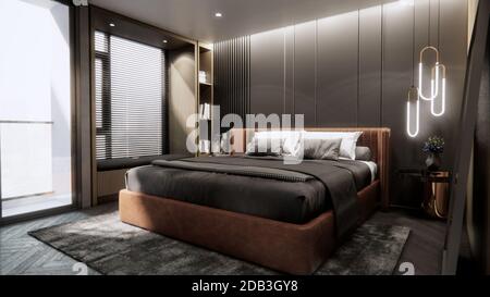 Interni di una camera da letto moderna e lussuosa con letto doppio, rendering 3D Foto Stock