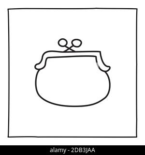 Icona o logo del portamonete Doodle, disegnato a mano con sottile linea nera. Illustrazione Vettoriale