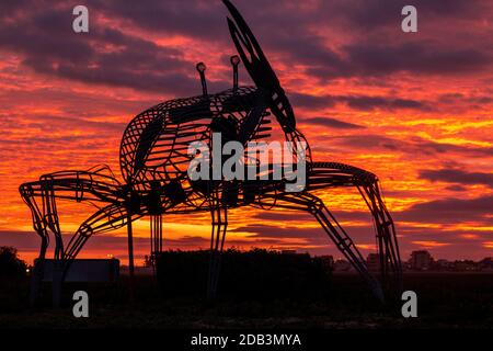 Faro, PORTOGALLO: 8th DICEMBRE 2019 - statua del granchio nelle paludi naturali al tramonto situato a Ria Formosa, Algarve, Portogallo. Foto Stock