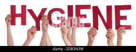 Persone mani tenuta Red English Word Hygiene. Bianco isolato sfondo Foto Stock