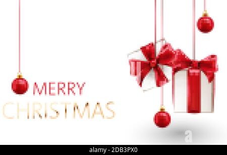 Composizione natalizia di scatola regalo appesa con nastri rossi e palline decorative. Posizionamento realistico del prodotto mockup 3D. Vettore Illustrazione Vettoriale