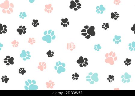 Doodle cane zampa senza cuciture sfondo. Pista di zampa nera, blu, rosa. Illustrazione Vettoriale