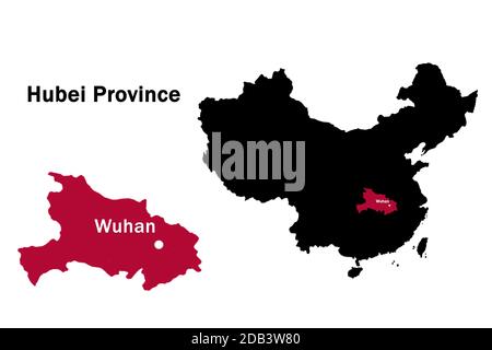 Mappa della provincia di Cina Hubei con designazione di capitale Wuhan. Provincia cinese di Hubei con nome in inglese. Mappe cinesi in inglese. Cit. Cinese Foto Stock