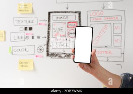 Donne website designer progettazione creativa applicazione sviluppo disegno modello layout struttura wireframe design studio . Concetto di esperienza utente Foto Stock