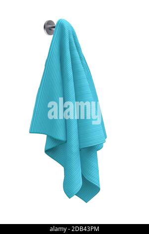 Asciugamano di colore blu appeso su un manico in metallo su un sfondo bianco 3d - rendering 3d Foto Stock