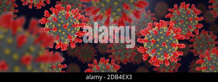 Rappresentazione 3D del banner ampio del concetto di epidemia di coronavirus infettivo. Visualizzazione della malattia pandemica del covid 19. Contaminazione pericolosa per la salute Foto Stock