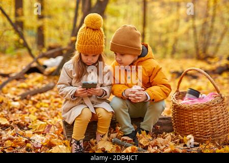 ritratto di bambini felici che trascorrono tempo con il telefono cellulare nella foresta, giocano a giochi su smartphone, nel parco autunnale Foto Stock