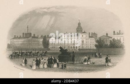 Incisione antica c1845, guardie a cavallo. Horse Guards è un edificio storico nella città di Westminster, Londra. Fu costruito a metà del XVIII secolo come caserma e stalle per la Cavalleria domestica. FONTE: INCISIONE ORIGINALE Foto Stock