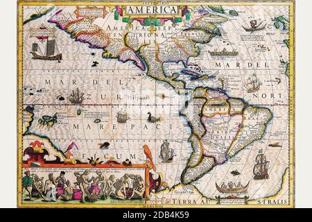 Ondius (Joost de Hondt, 14 ottobre 1563 – Amsterdam, 12 febbraio 1612), talvolta chiamato Jodocus Hondius il Vecchio per distinguerlo dal figlio, è stato un artista, incisore e cartografo fiammingo. È conosciuto soprattutto per le sue prime mappe del nuovo mondo e dell'Europa, per aver ristabilito la reputazione del lavoro di Gerard Mercatore e per i suoi ritratti di Francis Drake. Contribuì a stabilire Amsterdam come centro di cartografia in Europa nel XVII secolo. Foto Stock