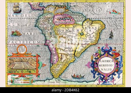 Ondius (Joost de Hondt, 14 ottobre 1563 – Amsterdam, 12 febbraio 1612), talvolta chiamato Jodocus Hondius il Vecchio per distinguerlo dal figlio, è stato un artista, incisore e cartografo fiammingo. È conosciuto soprattutto per le sue prime mappe del nuovo mondo e dell'Europa, per aver ristabilito la reputazione del lavoro di Gerard Mercatore e per i suoi ritratti di Francis Drake. Contribuì a stabilire Amsterdam come centro di cartografia in Europa nel XVII secolo. Foto Stock