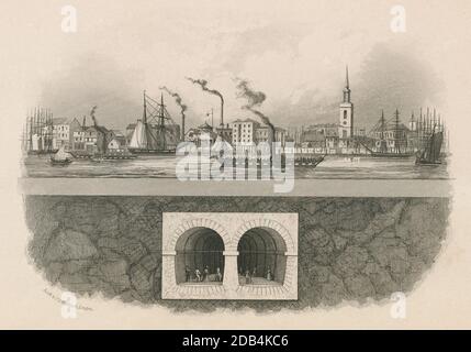 Antica incisione c1845, "il tunnel del Tamigi con vista su Rotherhithe, che mostra le posizioni relative del tunnel e del fiume. Il Thames Tunnel è lungo 1200 metri, 76 metri sotto l'alto livello dell'acqua, e costa £446,000. Aperto il 25 marzo 1843." FONTE: INCISIONE ORIGINALE Foto Stock