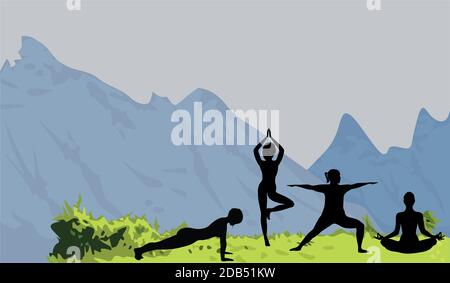 Le donne silhouette fare esercizi di yoga in un'illustrazione vettoriale natura. Attività all'aperto meditazione e relax in un paesaggio naturale. Lif. Attivo Foto Stock