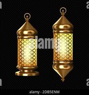 Lampade arabe, lanterne d'oro con ornamento arabo, anello, candele brucianti. Accessori per la vacanza islamica ramadan. Realistiche luci vettoriali vintage 3d luminose isolate su sfondo trasparente Illustrazione Vettoriale