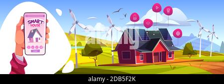 Concetto di tecnologia di intelligenza artificiale Smart House. Smartphone portatile con app per il controllo delle apparecchiature iot domestiche. Servizi applicativi Internet delle cose, Green Energy Cartoon illustrazione vettoriale Illustrazione Vettoriale