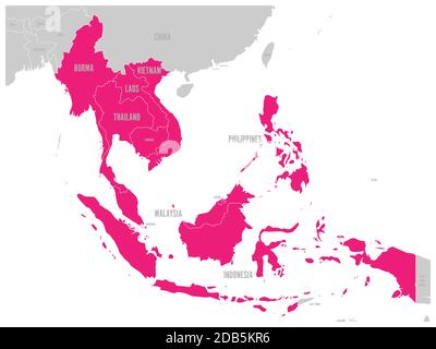 Comunità economica ASEAN, AEC, mappa. Mappa grigia con i paesi membri evidenziati in rosa, Sud-est asiatico. Illustrazione vettoriale. Illustrazione Vettoriale