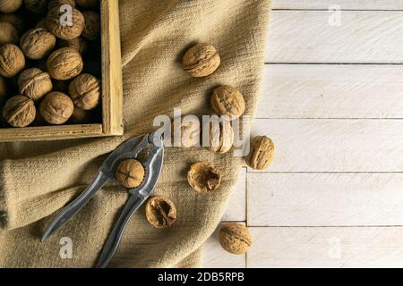 Noci in una scatola di legno, che si trova su un vecchio sacco rustico, anche sparso su un tavolo bianco nelle vicinanze è un cracker di noce. Foto Stock