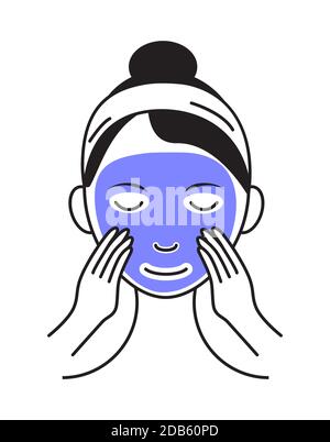 Foglio maschera facciale che applica vettore di icone. Ragazza mostra come pulire, meritare faccia e utilizzare maschera cosmetica. Info-graphic nell'illustrazione di stile di contorno iso Illustrazione Vettoriale