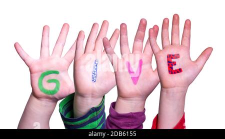 Mani dei bambini costruire la parola colorata dare. Sfondo bianco isolato Foto Stock