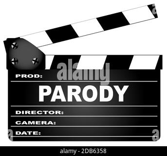Un tipico film clapperboard con la leggenda Parody isolato su bianco. Foto Stock
