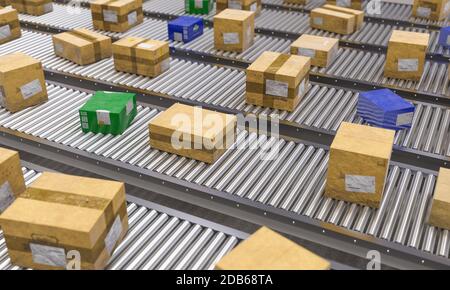 rulli trasportatori con diversi tipi di confezioni. Concetto di industria di spedizione, logistica e produzione. rendering 3d. Foto Stock