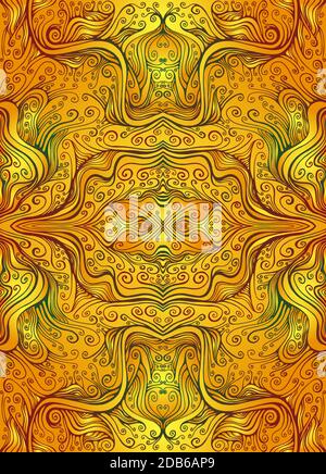 Shamanic psichedelico frattale sfondo astratto con caleidoscopio pattern ricci e onde. Colore giallo arancio a gradiente luminoso e marrone verde scuro c Illustrazione Vettoriale