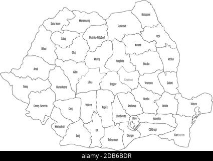 Contee amministrative della Romania. Mappa vettoriale di contorni neri sottili su sfondo bianco. Illustrazione Vettoriale