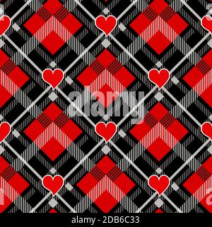 San Valentino Hipster stile Tartan e Buffalo Check Plaid Vector Patterns cuori neri e rossi, pattern Tile orologi inclusi. Illustrazione Vettoriale