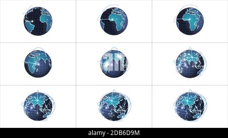 Connettività di rete globale o simboli di propagazione delle informazioni, con punti luce che rimbalzano su una terra che gira in nove casi diversi. Appunti Foto Stock