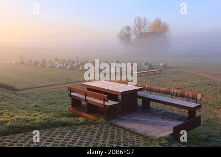 44 caschi simboleggiano l'occupazione tedesca durante la prima guerra mondiale sul campo di battaglia della Battaglia degli elmetti d'argento a Halen, Belgio Foto Stock