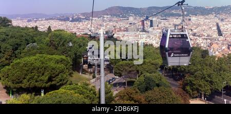 Funivia tra la costa e la collina di Montjuic, vista aerea della città di Barcellona, Spagna. Foto Stock