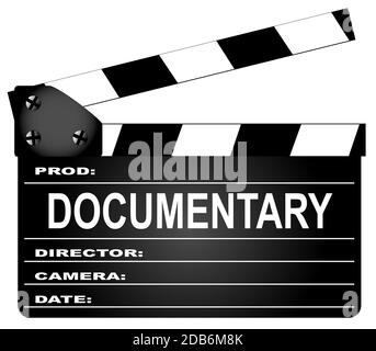 Un tipico film clapperboard con la leggenda documentario isolato su bianco. Foto Stock