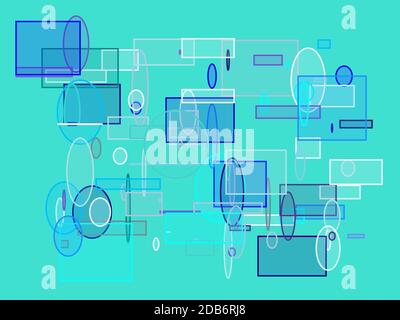 Illustrazione minimalista astratta blu con ellissi rettangoli e sfondo turchese Foto Stock