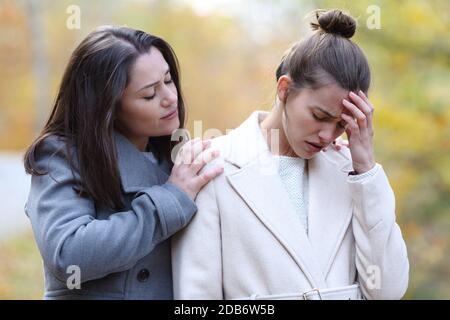 Donna che conforta il suo migliore amico triste che si lamenta dentro un parco in inverno Foto Stock