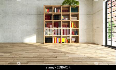 Libreria personale in legno in camera vuota con pareti in cemento. Riflesso della luce del sole nella stanza coperta con parquet in legno sfondo 3D rendering Foto Stock